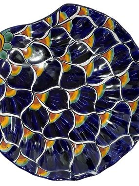 Vintage 1980s Talavera Mexican Pottery Art Plate - Peacock Feathers Design Shell
